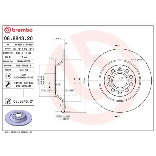 Brembo Arka Fren Diski – 08.8843.21 / OEM 4F0615601E