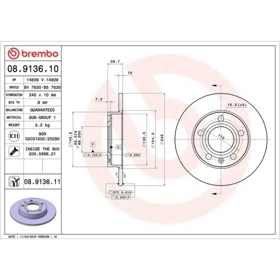 Brembo Arka Fren Diski – 08.9136.10 / OEM 8E0615601P ürün görseli