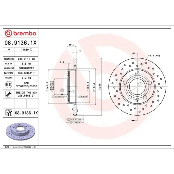 Brembo Arka Fren Diski – 08.9136.1X / OEM 8E0615601P ürün görseli