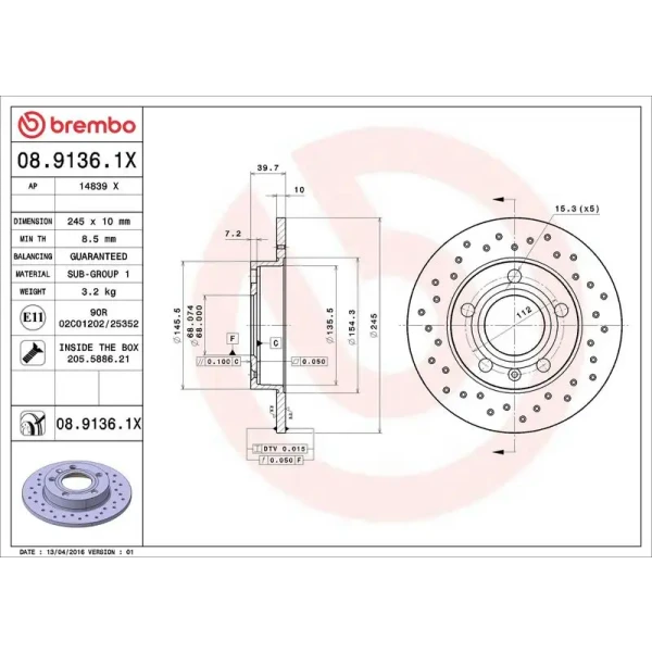 Brembo Arka Fren Diski – 08.9136.1X / OEM 8E0615601P