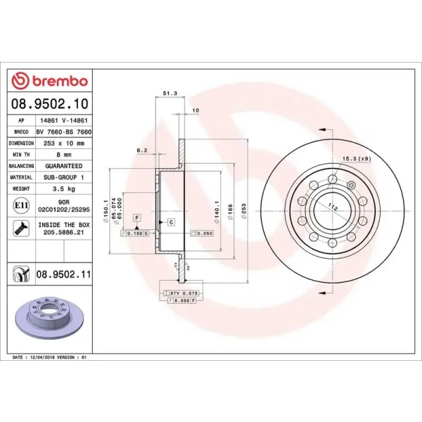 Brembo Arka Fren Diski – 08.9502.10 / OEM 1K0615601AB