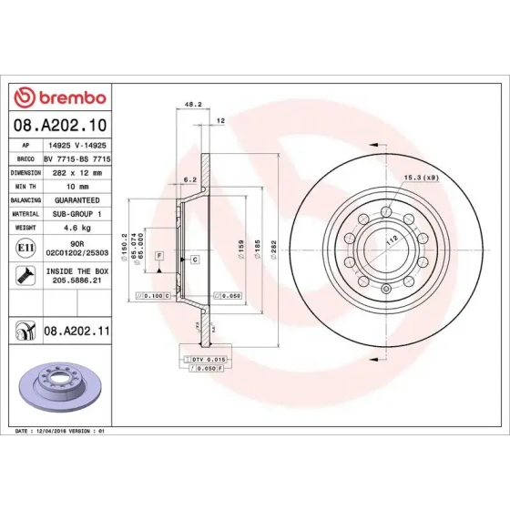 Brembo Arka Fren Diski – 08.A202.10 / OEM 1K0615601AD ürün görseli