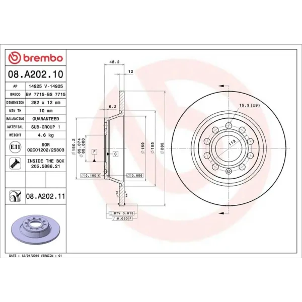 Brembo Arka Fren Diski – 08.A202.10 / OEM 1K0615601AD