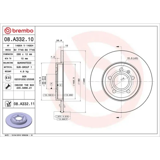 Brembo Arka Fren Diski – 08.A332.11 / OEM 8E0615601M ürün görseli