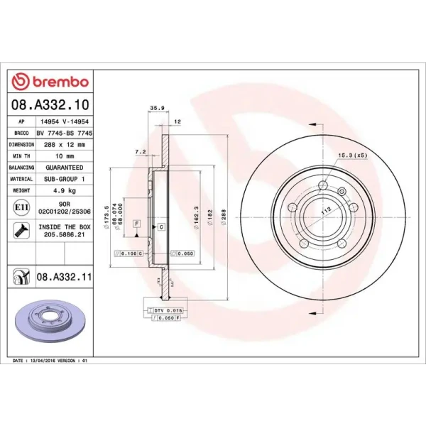 Brembo Arka Fren Diski – 08.A332.11 / OEM 8E0615601M