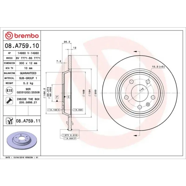 Brembo Arka Fren Diski – 08.A759.10 / OEM 8K0615601B