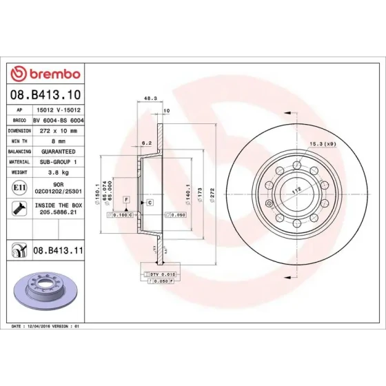 Brembo Arka Fren Diski – 08.B413.10 / OEM 5Q0615601D ürün görseli