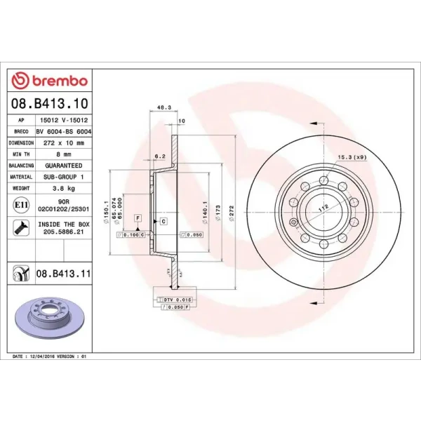 Brembo Arka Fren Diski – 08.B413.10 / OEM 5Q0615601D