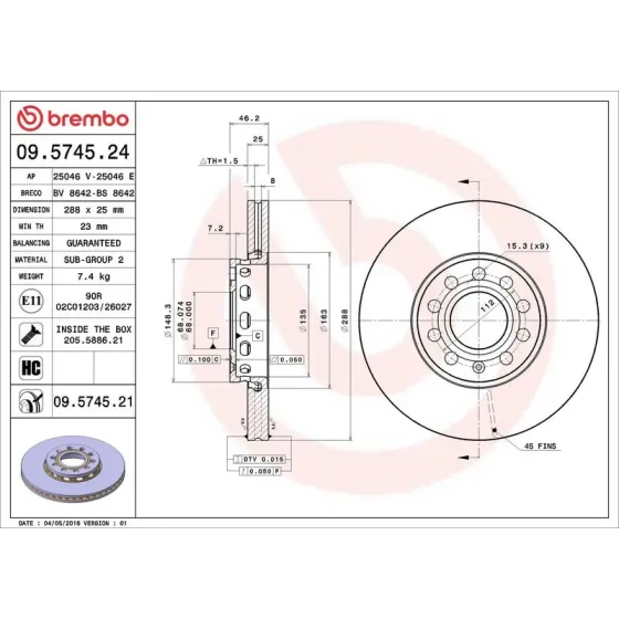 Brembo Ön Fren Diski – 09.5745.24 / OEM 8E0615301Q ürün görseli