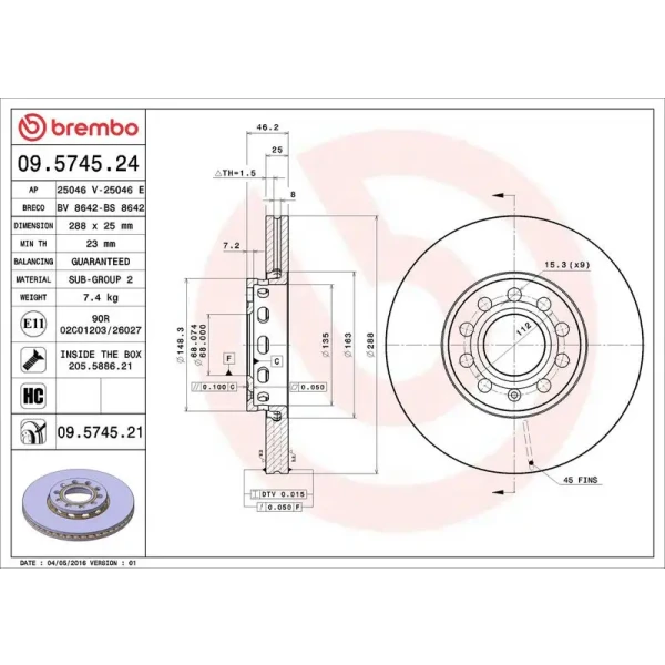 Brembo Ön Fren Diski – 09.5745.24 / OEM 8E0615301Q