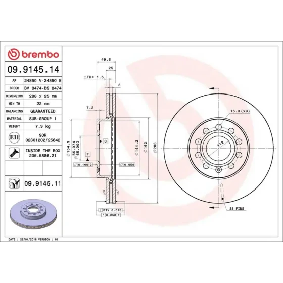 Brembo Ön Fren Diski – 09.9145.14 / OEM 1K0615301T ürün görseli