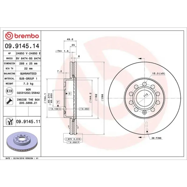 Brembo Ön Fren Diski – 09.9145.14 / OEM 1K0615301T