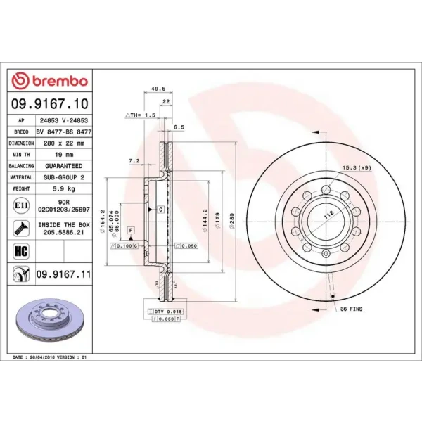 Brembo Ön Fren Diski – 09.9167.10 / OEM 1K0615301AK