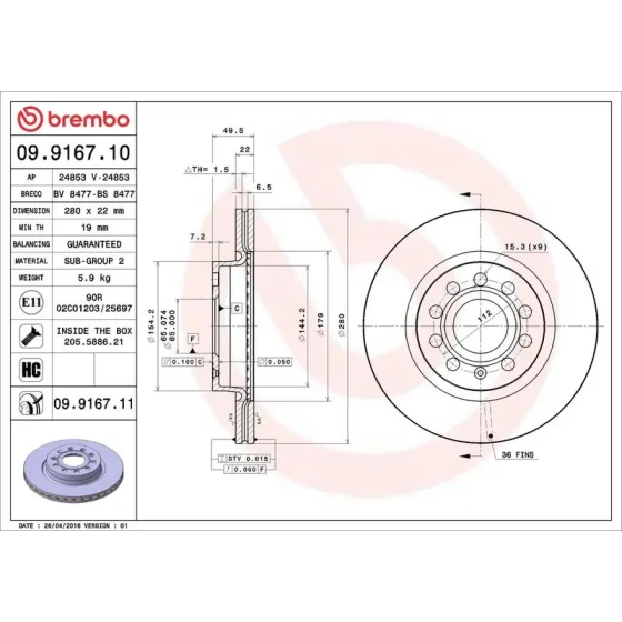 Brembo Ön Fren Diski – 09.9167.11 / OEM 1K0615301AK ürün görseli