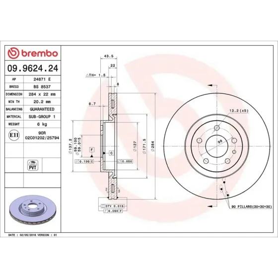 Brembo Ön Fren Diski – 09.9624.24 / OEM 71739568 ürün görseli