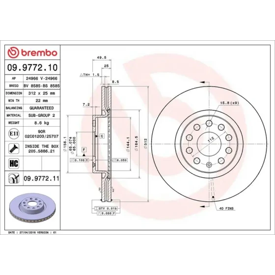 Brembo Ön Fren Diski – 09.9772.10 / OEM 1K0615301AA ürün görseli