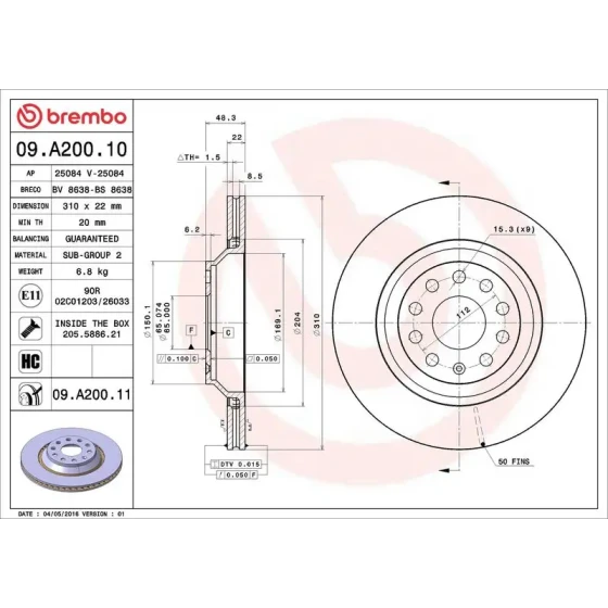 Brembo Arka Fren Diski – 09.A200.11 / OEM 1K0615601N ürün görseli