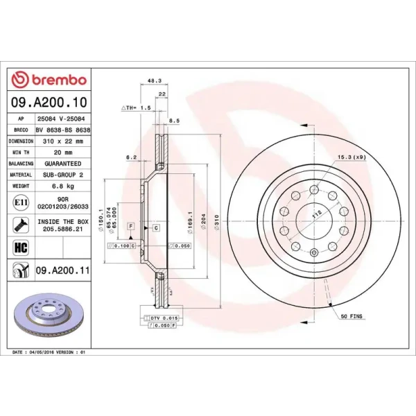 Brembo Arka Fren Diski – 09.A200.11 / OEM 1K0615601N