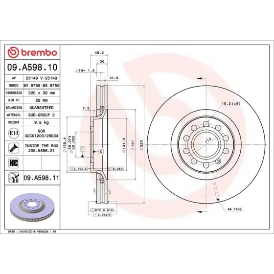 Brembo Ön Fren Diski – 09.A598.11 / OEM 8E0615301AD ürün görseli