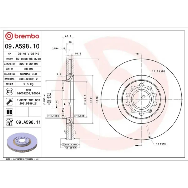 Brembo Ön Fren Diski – 09.A598.11 / OEM 8E0615301AD