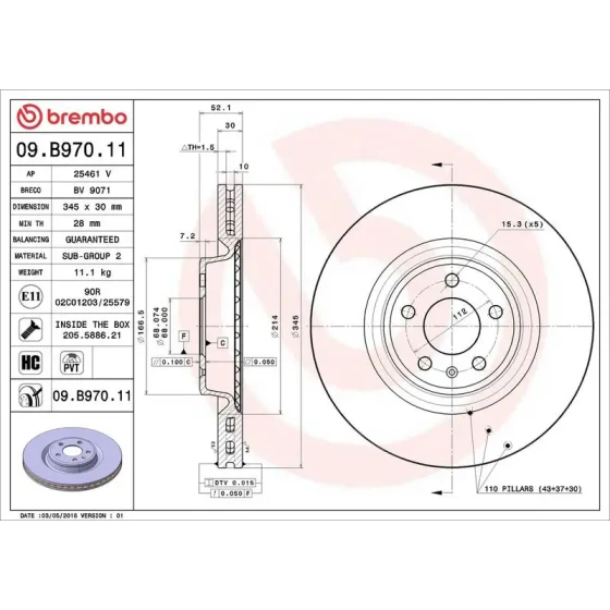 Brembo Ön Fren Diski – 09.B970.11 / OEM 4G0615301 ürün görseli