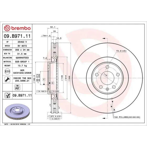 Brembo Ön Fren Diski – 09.B971.11 / OEM 4G0615301K ürün görseli