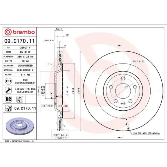Brembo Arka Fren Diski – 09.C170.11 / OEM 4H0615601L ürün görseli