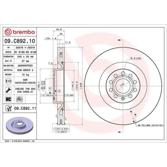 Brembo Ön Fren Diski – 09.C892.11 / OEM 1K0615301AR ürün görseli