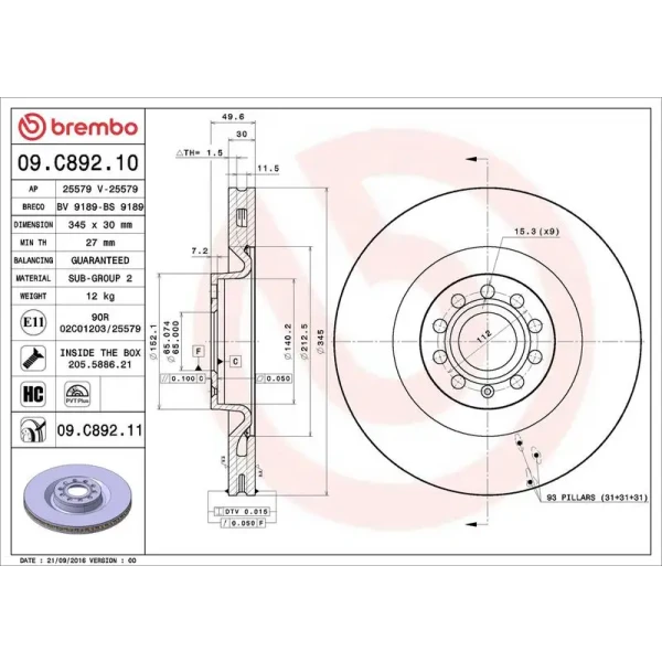 Brembo Ön Fren Diski – 09.C892.11 / OEM 1K0615301AR