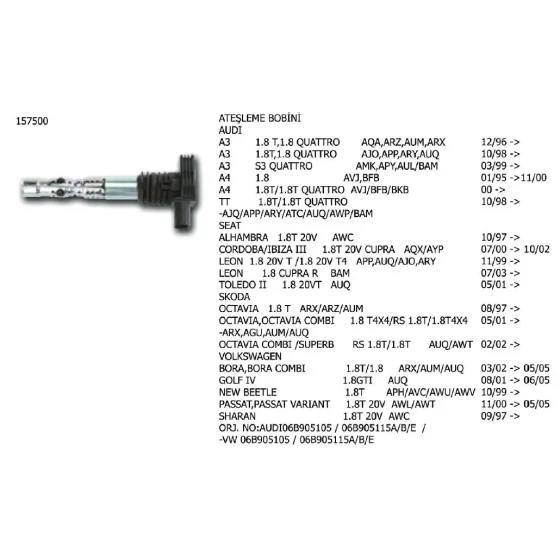 Ünüvar Bobin – 157500-2 / OEM 06B905115B ürün görseli