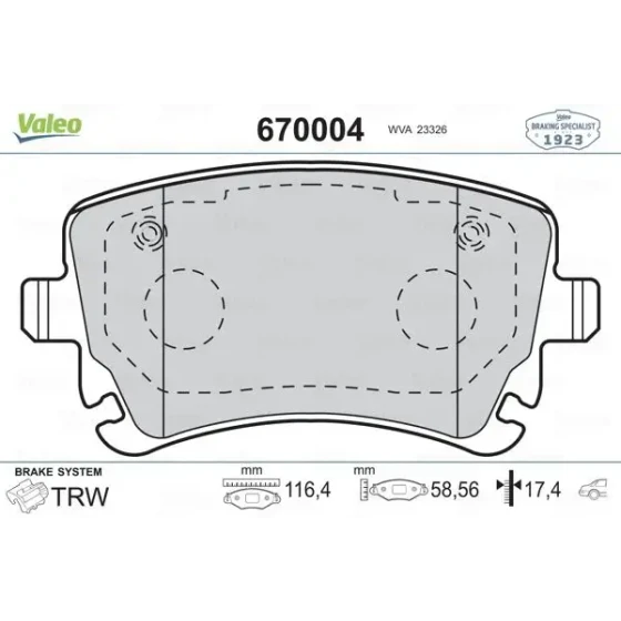 Valeo Arka Fren Balatası – 670004 / OEM 7H0698451A ürün görseli