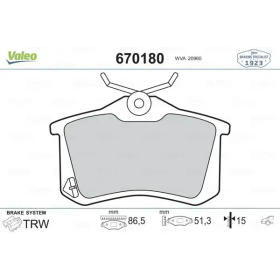 Valeo Arka Fren Balatası – 670180 / OEM 191698451 ürün görseli