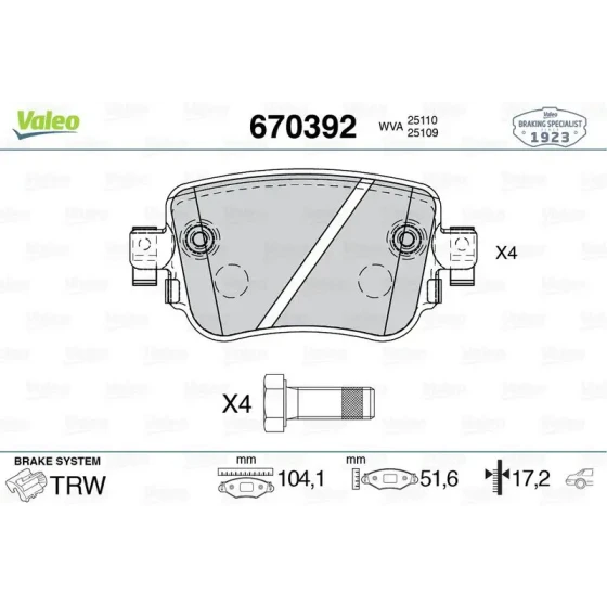 Valeo Arka Fren Balatası – 670392 / OEM 2K5698451A ürün görseli