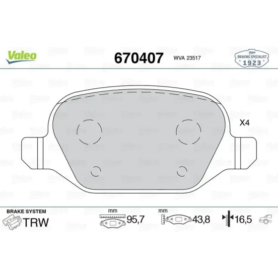 Valeo Arka Fren Balatası – 670407 / OEM 77364567 ürün görseli