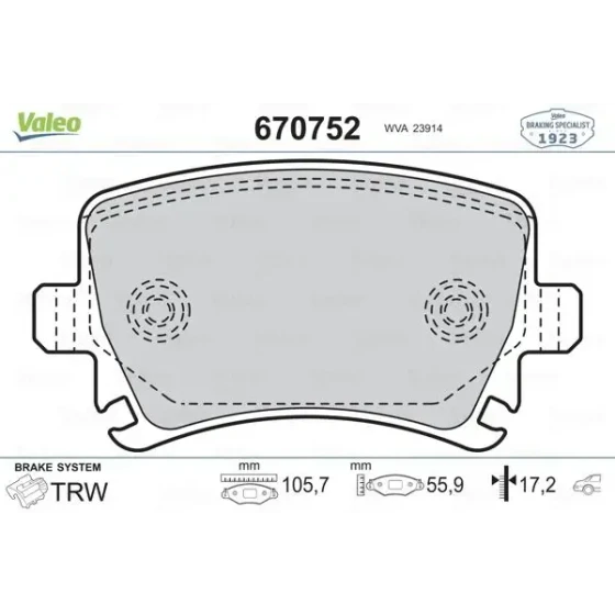 Valeo Arka Fren Balatası – 670752 / OEM 1K0698451 ürün görseli