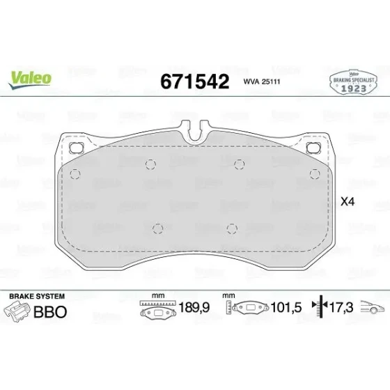 Valeo Ön Fren Balatası – 671542 / OEM 8W0698151BF ürün görseli