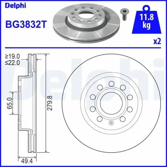 Delphi Ön Fren Diski – BG3832T / OEM 1K0615301S ürün görseli