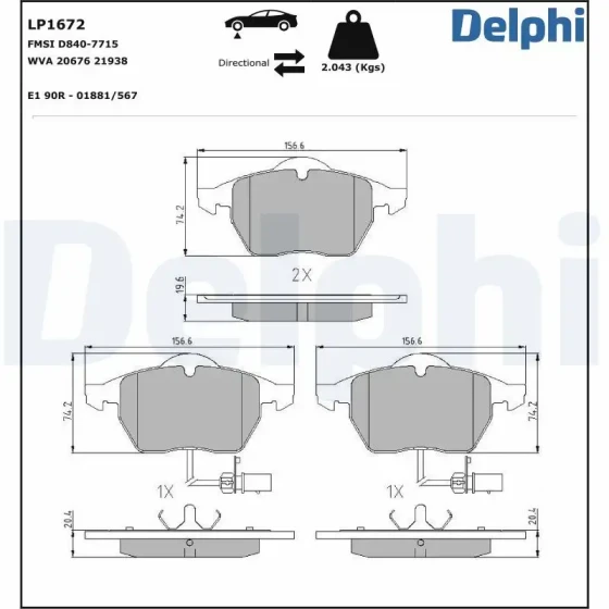 Delphi Ön Fren Balatası – LP1672 / OEM 4B0615116A ürün görseli