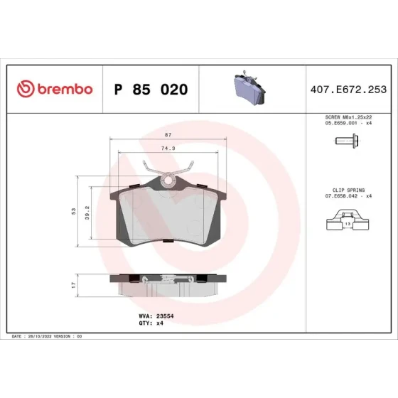 Brembo Arka Fren Balatası – P85020 / OEM 1J0698451P ürün görseli
