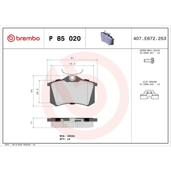 Brembo Arka Fren Balatası – P85020 / OEM 1J0698451P