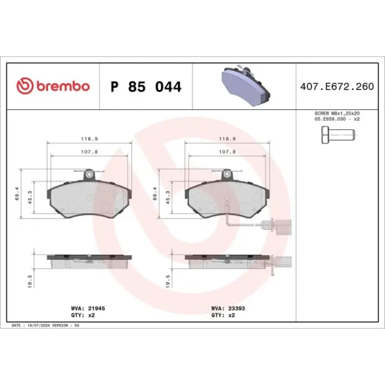 Brembo Ön Fren Balatası – P85044 / OEM 8E0698151M ürün görseli