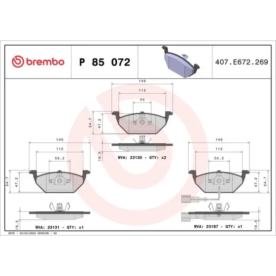 Brembo Ön Fren Balatası – P85072 / OEM 1J0698151D ürün görseli