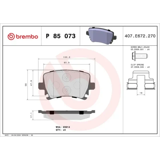 Brembo Arka Fren Balatası – P85073 ürün görseli