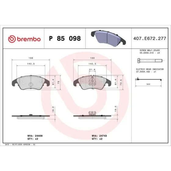 Brembo Ön Fren Balatası – P85098 / OEM 8K0698151H ürün görseli
