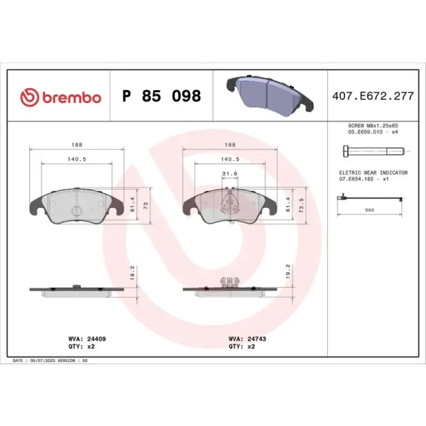 Brembo Ön Fren Balatası – P85098 / OEM 8K0698151H