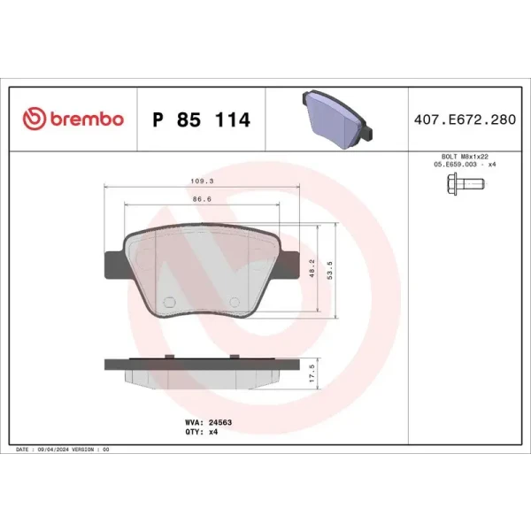 Brembo Arka Fren Balatası – P85114X / OEM 5K0698451A