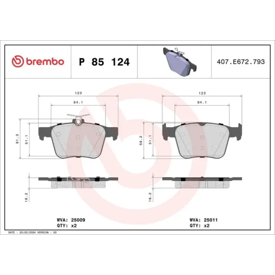 Brembo Arka Fren Balatası – P85124 / OEM 8V0698451A ürün görseli
