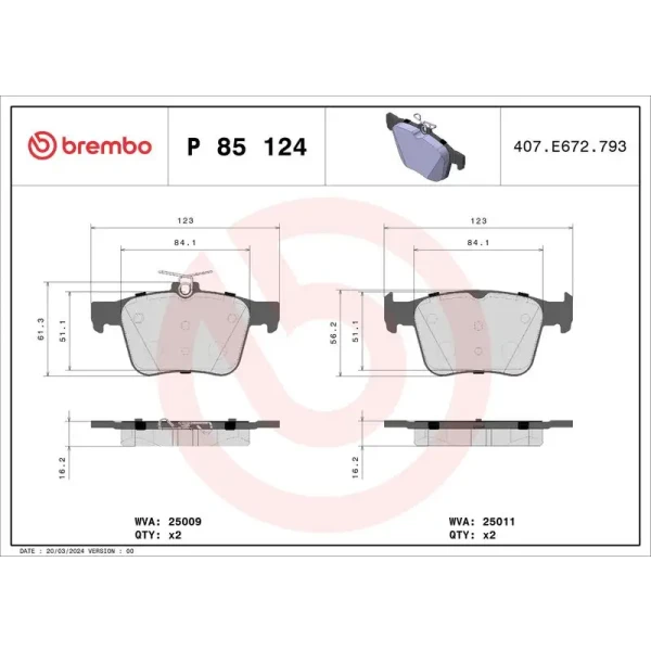 Brembo Arka Fren Balatası – P85124 / OEM 8V0698451A