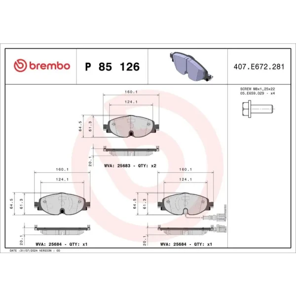 Brembo Ön Fren Balatası – P85126 / OEM 8V0698151