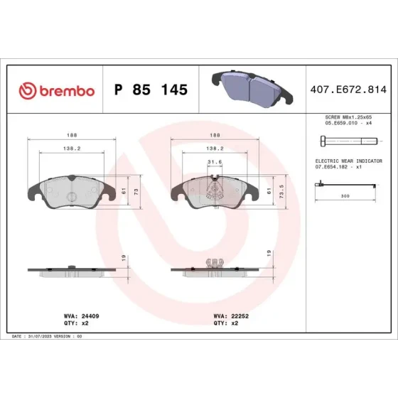 Brembo Ön Fren Balatası – P85145 / OEM 4G0698151AA ürün görseli